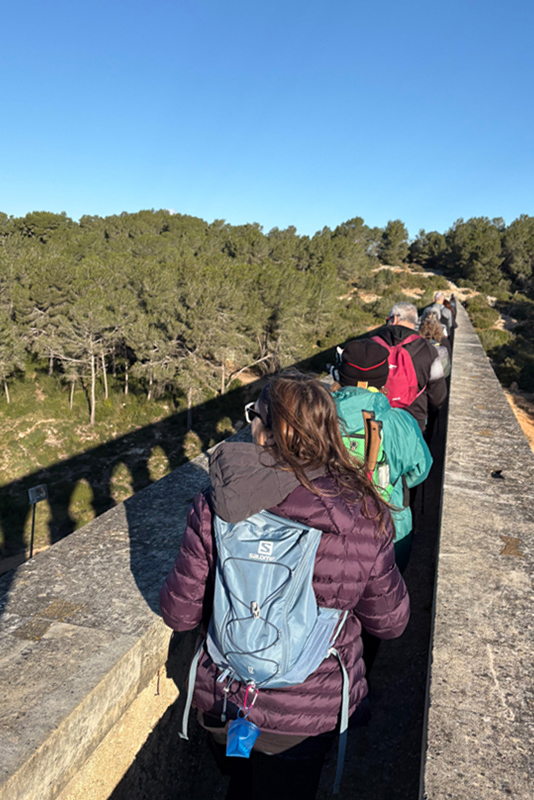 El grup de marxa nòrdica del PME passant per damunt del Pont del Diable.
